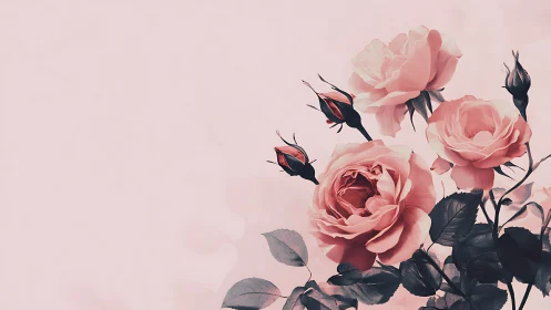 Romantic Garden Roses Against Soft Pink Gradient Background.
