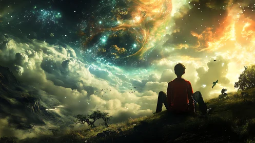 Stargazing dreamer beneath swirling cosmic stormscape sky.