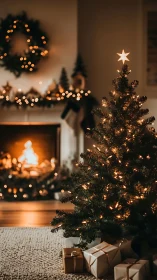 Cozy Christmas tree glow beside a warmly crackling fireplace.