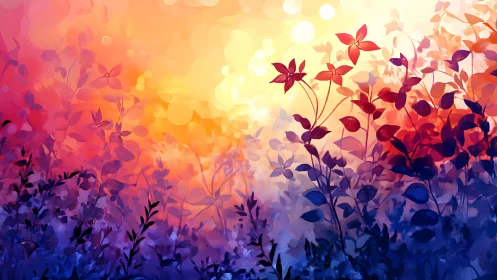 Chromatic bokeh foliage field under high-saturation sunset gradient.