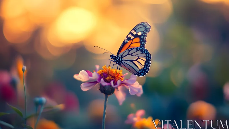 Gentle butterfly resting on a glowing sunset garden bloom.