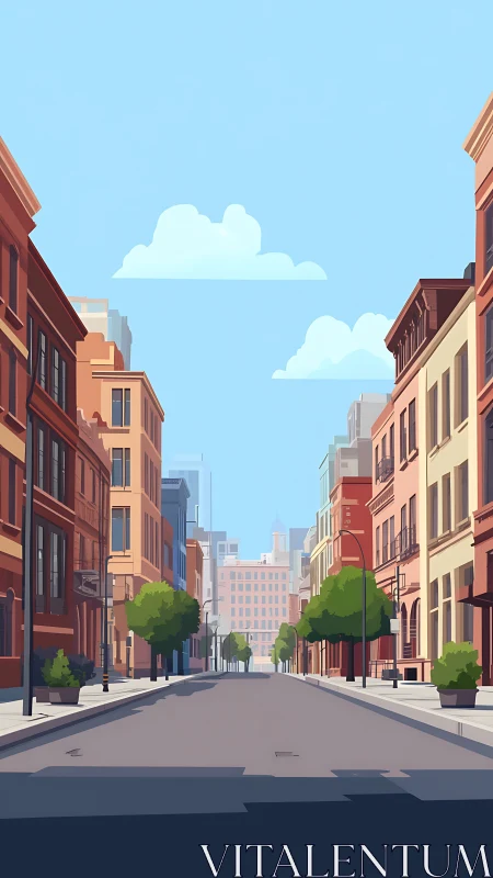 Sunlit empty city street with warm-toned brownstones.