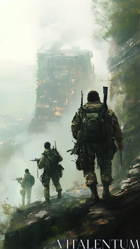 Soldiers descend misty cliffs toward colossal fortress tower.