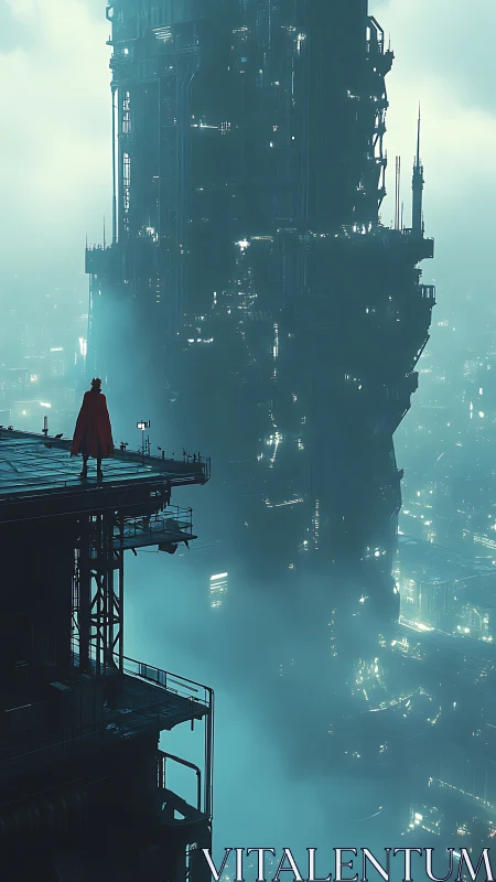 Lone caped figure overlooking fog-drenched cyber megastructure.