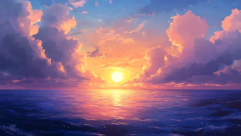 Radiant ocean sunset framed by towering painted clouds.