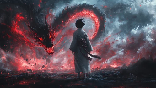 Warrior confronts colossal flaming dragon amid storm