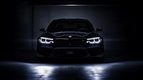 Sport sedan front view with LED lights in dark studio.