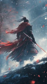 Lone samurai stands in a snowstorm as crimson petals swirl