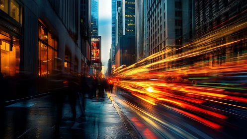 Neon city street with blazing light trails at dusk.