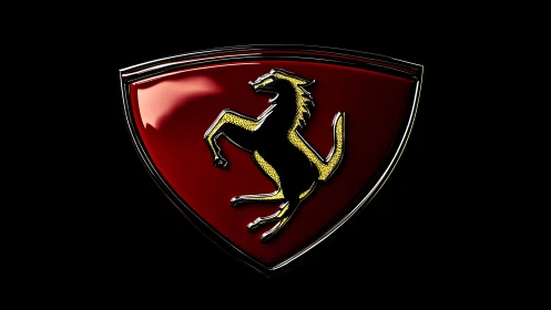 Red shield emblem with rearing horse in metallic outline.