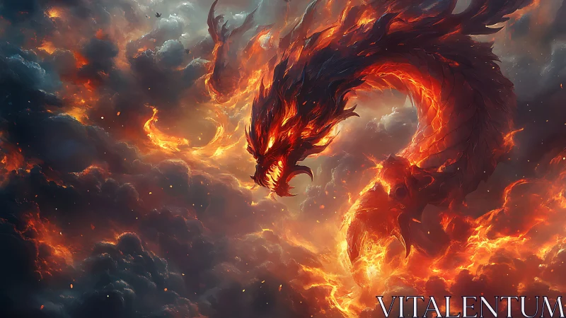 Inferno serpent coils through storm-forged heavens in rage.