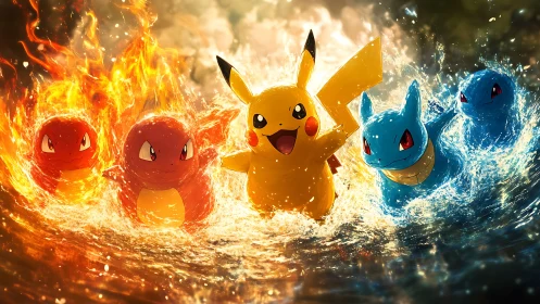 Elemental creatures charging through fire and water clash.