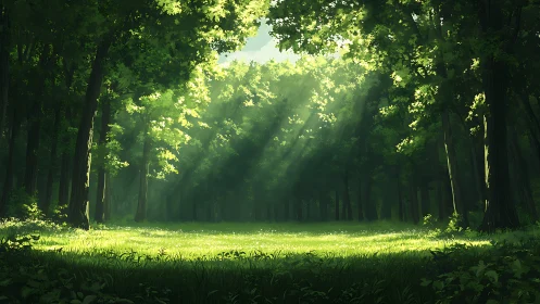 Sunlit Forest Clearing in Lush Greenery, Digital Art Style.
