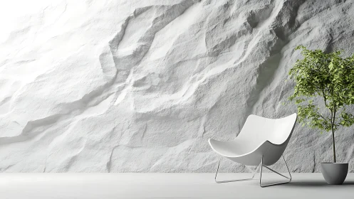 Modernist Interior Composition with Sculptural Seating and Textured Backdrop.