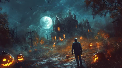 Lone figure approaches haunted mansion under blood moon
