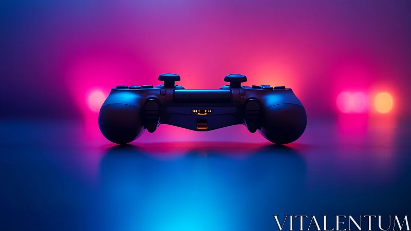 Black gaming controller with neon illumination against gradient background.