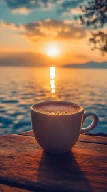 Sunlit coffee cup rests beside a tranquil golden seascape