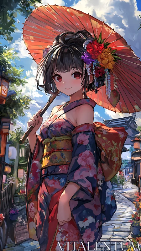 Sunlit kimono stroll under a bright red paper parasol.
