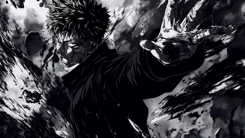 Storm of shadow energy around a fierce anime fighter.