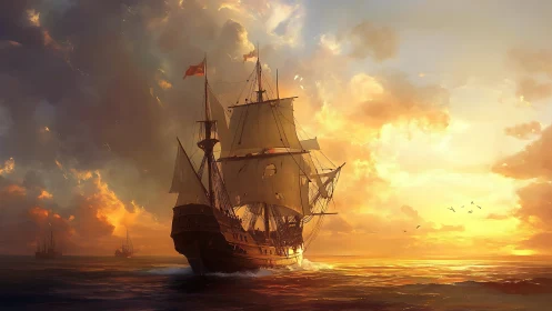 Galleon under dynamic sunset sky with volumetric lighting gradients