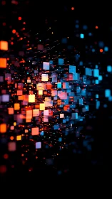 3D volumetric data blocks in neon red and cyan perspective field.