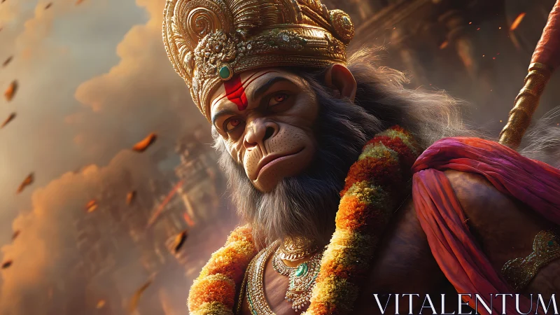 Anthropomorphic monkey deity figure in ornate regalia.