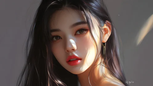 Soft sunlight on a thoughtful digital portrait of calm grace.