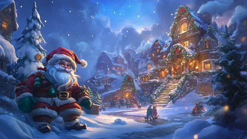 Santa stands in snowy village square beside lit festive houses
