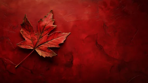 Single red maple leaf on textured dark red surface.