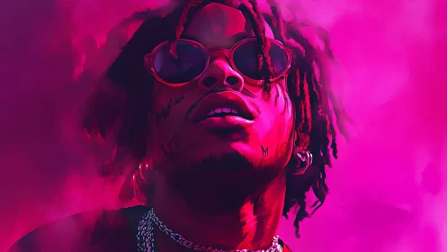 Neon portrait of rapper in intense magenta vapor glow.