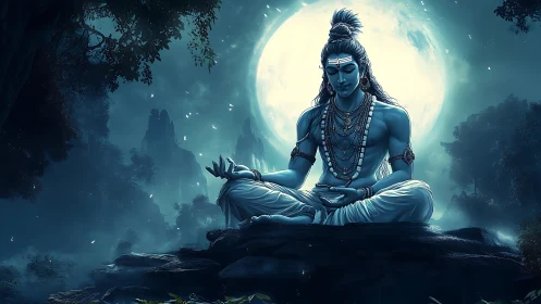 Meditating blue figure sits before full moon in forest setting