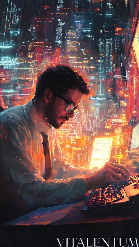 Programmer illuminated by neon data streams in dense cyber city