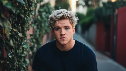 Young man in outdoor alleyway sits facing the camera