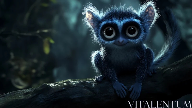 Small blue-furred forest creature on branch at night.