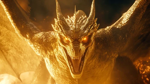 Molten-scaled dragon roaring amid blazing cinematic firestorm.