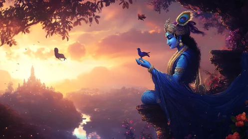 Divine blue deity contemplates bird above glowing river valley