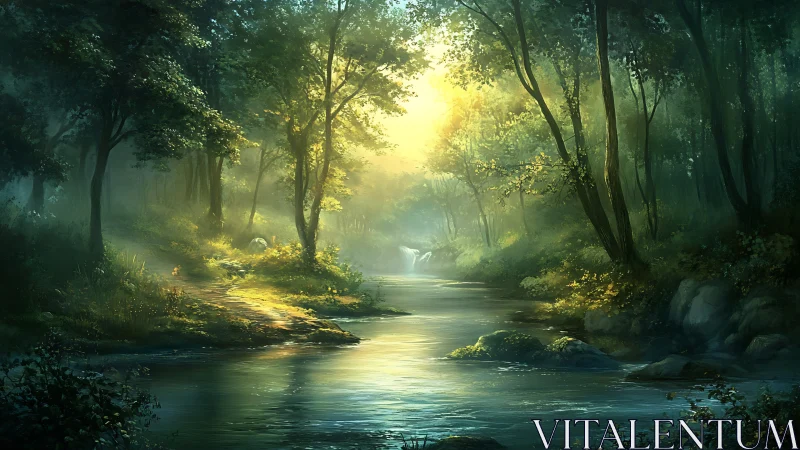 Luminous Forest Stream: Where Emerald Canopies Meet Golden Light