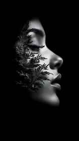Serene female profile merges with fern shadows in darkness.