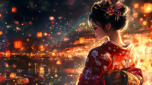 Lantern-lit geisha dreaming beside a river of burning stars.