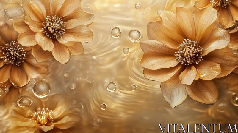 Golden Flowers Floating on Liquid Surface with Water Droplets.