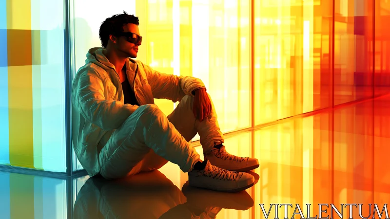 Cool urban dreamer rests in a glowing glass corridor