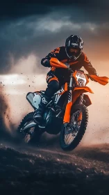 Motocross rider on orange dirt bike in dynamic cornering.