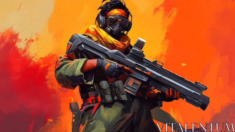 Masked futuristic soldier holding rifle on fiery backdrop.