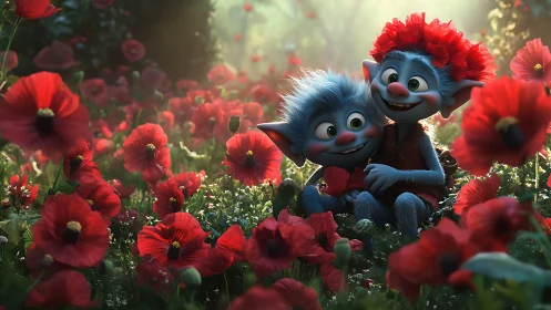 Blue furry goblin siblings sit smiling in sunlit poppy field