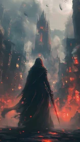 Cloaked figure stands before burning towers in dense smoke
