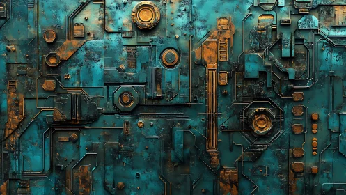 Oxidized teal circuitry dreams itself into a secret city