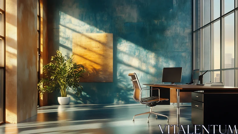 Modern office workspace with plant, desk and large windows.