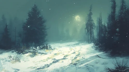 Winter forest clearing beneath full moon with snow and evergreen trees