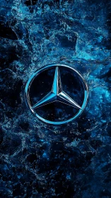 Mercedes star emblem gleams amid splashing electric blue water.