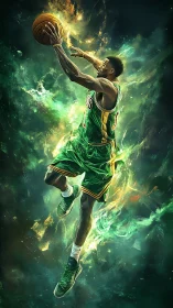 Basketball player soars through neon flames in heroic motion